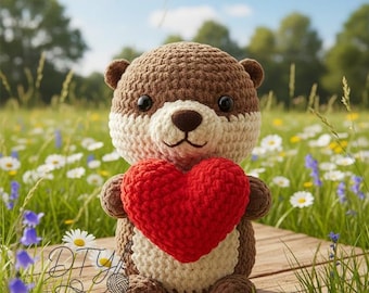 Handmade Crochet Otter Plush – Adorable Stuffed Animal Hugging Red Heart – Amigurumi Sea Otter Valentine’s Gift