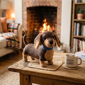 Könnte beinhalten: Gehäkelte Dackel-Hundefigur in Braun und Beige mit blauem Halsband. Der handgefertigte Hund steht auf einer kleinen, quadratischen, gewebten Matte auf einem Holztisch. Eine Tasse mit der Aufschrift "COZY VIBES" steht auf einem Untersetzer.