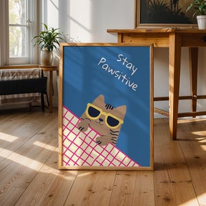Funny Cat Wall Art, Print Cute Kitten Poster, Cat in Sunglasses Illustration, Cat Lover Gift, minimalistic Cat Room Decor Digital Download