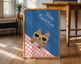 Funny Cat Wall Art, Print Cute Kitten Poster, Cat in Sunglasses Illustration, Cat Lover Gift, minimalistic Cat Room Decor Digital Download