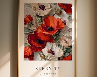 May include: A framed floral art print featuring a textured painting of red and white poppies. The artwork, titled "Serenity: Crimson Veil No. 02," has a neutral background and is encased in a gold-colored frame. The flowers have dark centers and are set against a light background.