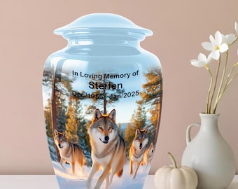 Personalized Wolf Cremation Urn, Forest Scene Memorial Tribute, Large Small Sizes
