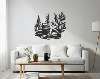 Arte de pared de metal con estrellas de mar y algas, decoración de pared con temática oceánica, escultura de metal costera, decoración de pared inspirada en la playa, decoración de metal, regalo para el hogar