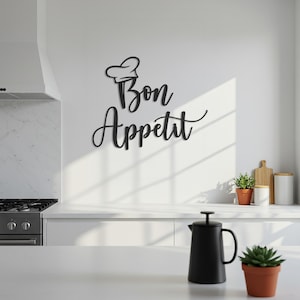 Bon Appetit Metal Wall Art, Kitchen Quote Wall Decor with Chef Hat, French Typography Sign for Dining Room, Restaurant or Café