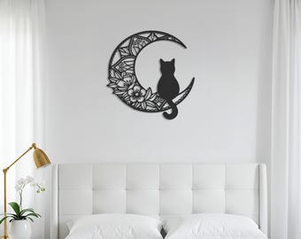Floral Moon Cat Metal Wall Art: Whimsical Boho Home Decor