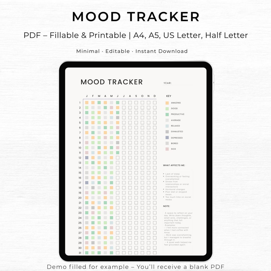Minimalist Mood Tracker Printable & Fillable PDF | Mental Health ...