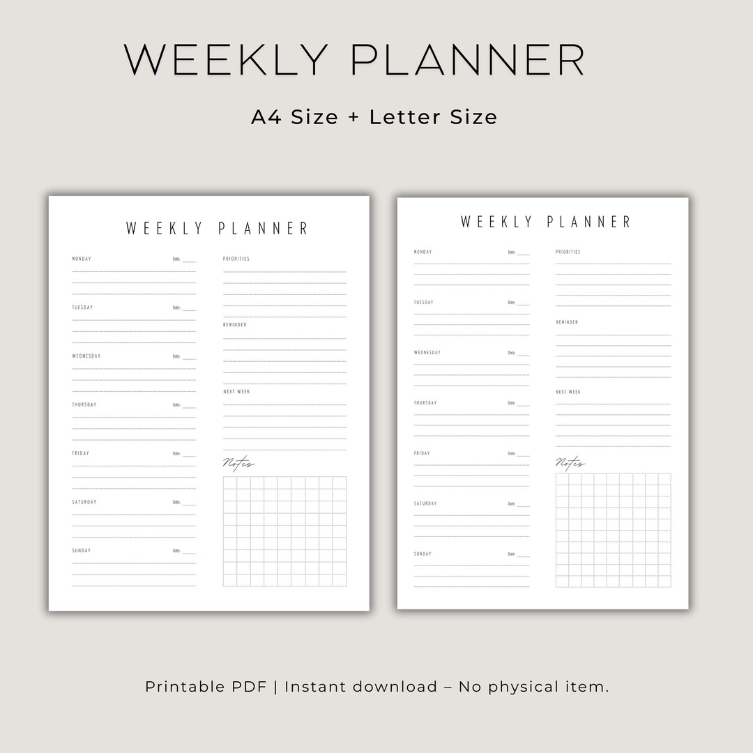 Weekly Planner Printable – A4 & US Letter PDF – Undated Weekly Schedule ...