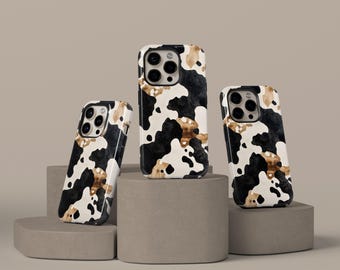 Cowhide Phone Case, Black White Brown Cow Print Design, Western Farm Animal Pattern Cover for iPhone 17 16 15 14 13 12 Pro Max, Samsung S25