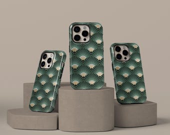 Mint Art Deco Floral Fan Phone Case, Elegant Pattern Cover, Green Geometric Retro Aesthetic, iPhone 17 16 15 14 13 12 Pro Max, Samsung S25