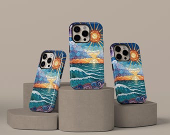 Custodia per telefono Ocean Sunset, compatibile con MagSafe, in finto vetro colorato tropicale, per spiaggia, iPhone 17 16 15 14 13 12 Pro Max, Samsung S25 S24