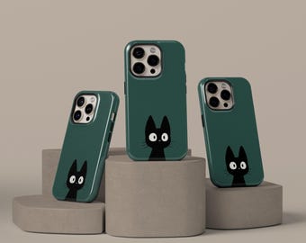 Cute Black Cat Phone Case, Aesthetic Japan Kitty Art Phone Cover For iPhone 17 16 15 14 13 12 11 Pro Max, Samsung Galaxy S25 S24 S23 Ultra