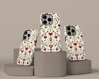 Vintage Heart Floral Phone Case, Romantic Boho Vine Phone Case, Red Heart Botanical Cover for iPhone 17 16 15 14 13 12 Pro Max, Samsung S25