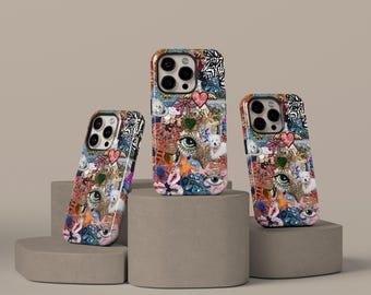 Vintage Mosaic Collage Phone Case, Colorful Mosaic Phone Cases, Trendy Festival Cover, iPhone 17 16 15 14 13 Pro Max Samsung S25 S24 S23 S22