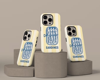 Étui pour portable vintage poisson, collage de sardines, esthétique estivale, iPhone 16 15 14 13 12 11 Pro Max, Samsung Galaxy S25 S24 S23 S22 Ultra