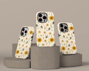 Spring Bee Phone Case, Cute Floral Bumble Bees Phone Cover For iPhone 17 16 15 14 13 12 11 Pro Max, Samsung Galaxy S26 S25 S24 S23 S22 Ultra