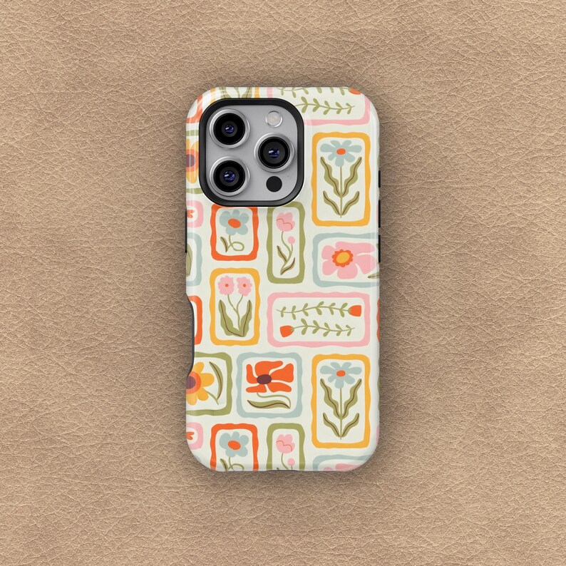Blommigt flickigt telefonskal, Blommigt telefonskal, Blommiga skal, Stämpelskal, iPhone 17 16 15 14 13 12 Pro Max, Samsung S25 S24 S23 S22 S21 Ultra bild 4