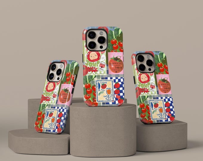 Whimsical Foodie Phone Case, Tomato Soup Collage Phone Cases, Cute Retro Kitchen Art Cover for iPhone 17 16 15 14 13 12 Pro Max, Samsung S25