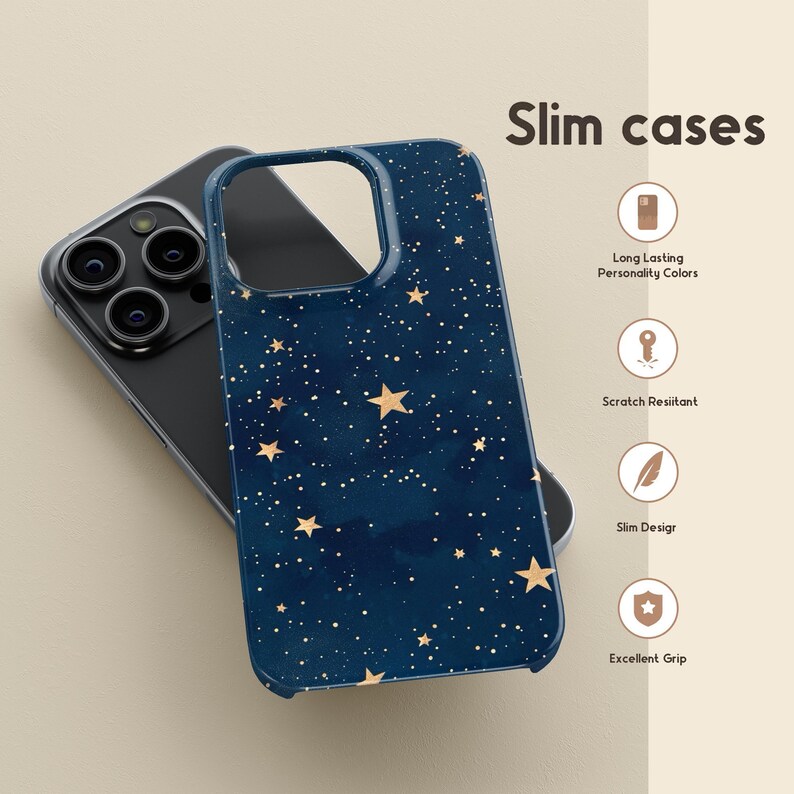 May include: A navy blue phone case with a gold star and dot pattern. The case is next to a black phone. The text "Slim cases" is at the top of the image. Additional text includes "Long Lasting Personality Colors", "Scratch Resistant", "Slim Design", and "Excellent Grip".