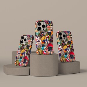 May include: Three smartphone cases featuring a vibrant collage of Dominican Republic imagery, including national flags, tropical landscapes, cultural figures, and food items, with a prominent camera cutout on the upper left corner of each case.