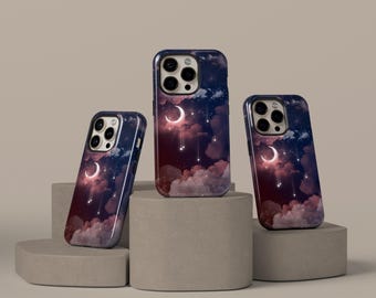 Dreamy Night Sky Phone Case, Crescent Moon Stars Celestial Phone Cover, Cosmic Galaxy Sky iPhone 17 16 15 14 13 12 Pro Max, Samsung S25 S24