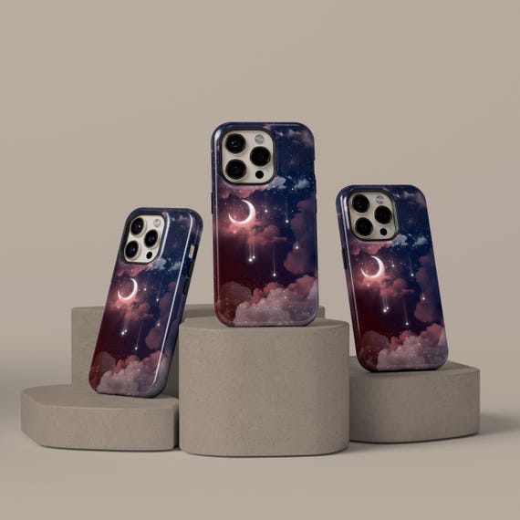 Dreamy Night Sky Phone Case, Crescent Moon Stars Celestial Phone Cover, Cosmic Galaxy Sky iPhone 17 16 15 14 13 12 Pro Max, Samsung S25 S24