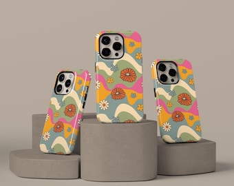 Retro Groovy Phone Case Floral Hippie Cover fit for iPhone 16 15 14 13 12 11 Pro Max, Samsung S25 S24 S23 S22, Girly Phone Case Unique Gifts