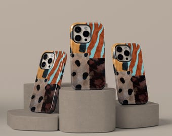 Leopard Patchwork Phone Case Brings Bold, Vibrant Boho Flair with Turquoise Zebra Waves, iPhone 17 16 15 14 13 12 Pro Max, Samsung S25 S24