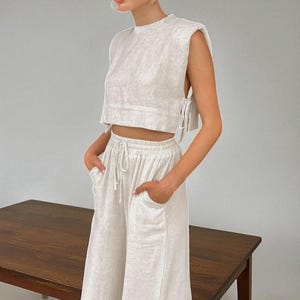 Linen Crop Top Pant Set: Boho Holiday Beachwear