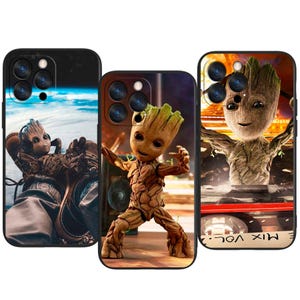 May include: Three phone cases featuring the character Groot from Guardians of the Galaxy. The cases have different backgrounds, including space, a dance pose, and a DJ setup. The Groot designs are in shades of brown, green, and tan, with the cases in black.
