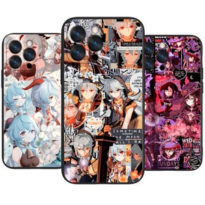 May include: Three smartphone cases featuring anime-style character collages. The left case displays blue-haired characters, the center case shows a silver-haired character with a sword, and the right case features dark-themed graphics with purple accents.