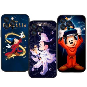 May include: Three phone cases with Mickey Mouse illustrations in wizard outfits. The cases have a dark blue background with the word "Fantasia" and a gold star design. The other two cases have a dark background with Mickey Mouse in white and red robes.