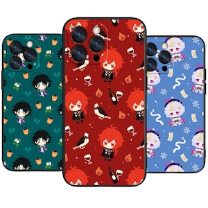 May include: Three smartphone cases featuring repeating chibi character patterns. The left case is teal with dark-haired figures and flowers. The center case is red with red-haired figures, birds, and wine. The right case is blue with white-haired figures and snakes.