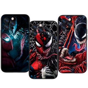 May include: Three phone cases with Spider-Man and Venom designs. The cases display colourful illustrations of the characters, with red, black, and blue tones. One case has the text "VENOM LET THERE BE CARNAGE".