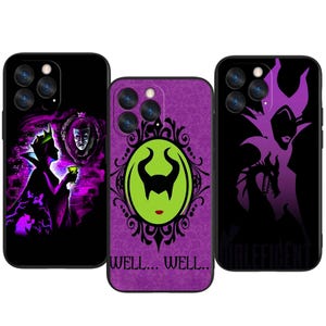 May include: Three black phone cases with purple and green designs. One case shows a character silhouette holding a goblet, another has a green emblem with the text "WELL... WELL...", and the third displays a character silhouette with a dragon.