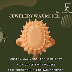 May include: A peach-colored jewelry wax model with a large, oval-shaped center stone and a detailed, textured setting. The image includes text that reads "JEWELERY WAX MODEL" and "CUSTOM WAX MODEL FOR JEWELLERY". The background is a dark green with decorative elements.