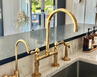 Unlacquered Brass Bridge Kitchen Faucet with Side Sprayer, Cold Tap & Lever Handle