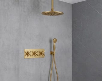 Ceiling Mount Shower System with Rainfall Shower Head & Hand Shower — Unlacquered Brass