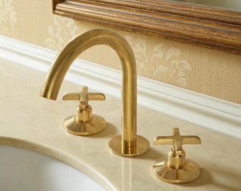Unlacquered Solid Brass 3 Hole Vanity Faucet, Deck Mount Bathroom Sink Faucet