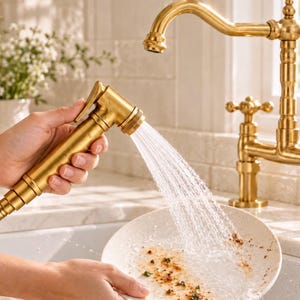Könnte beinhalten: Eine handgeführte Küchenbrause aus gebürstetem Gold mit Hebelgriff, die einen stetigen Wasserstrahl auf einen gesprenkelten weißen Teller abgibt. Die Brause ist mit einer passenden goldenen Küchenarmatur mit hohem Auslauf und Kreuzgriffen verbunden.