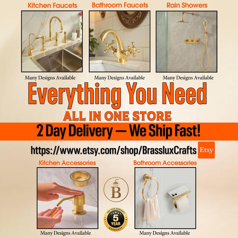 Puede incluir: Una colecci&oacute;n de accesorios de cocina y ba&ntilde;o en lat&oacute;n dorado que incluye grifos, duchas de lluvia, dispensadores de jab&oacute;n y toalleros. La imagen presenta el texto Everything You Need ALL IN ONE STORE y un sello de garant&iacute;a de cinco a&ntilde;os.
