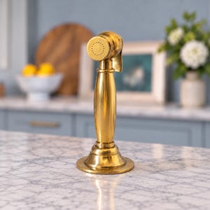 May include: A gold-toned kitchen sink side sprayer featuring a cylindrical handle, a flared base, and a circular spray head with multiple small water outlet holes. The metal fixture has a smooth, polished finish and a vertical, upright orientation.