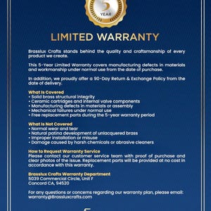 May include: A blue document titled Limited Warranty from Brasslux Crafts. It features a gold 5-year seal at the top and outlines coverage for solid brass, ceramic cartridges, and manufacturing defects, plus contact details for the Concord, CA office.