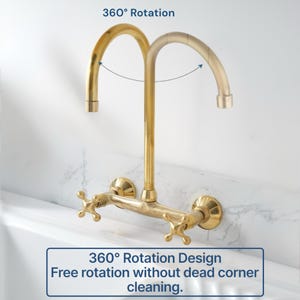May include: A gold-toned wall-mounted tap with a high-arch swivel spout and two cross-style handles. The tap features a 360-degree rotation design for full range of motion. Text on the image reads 360 Rotation and 360 Rotation Design.