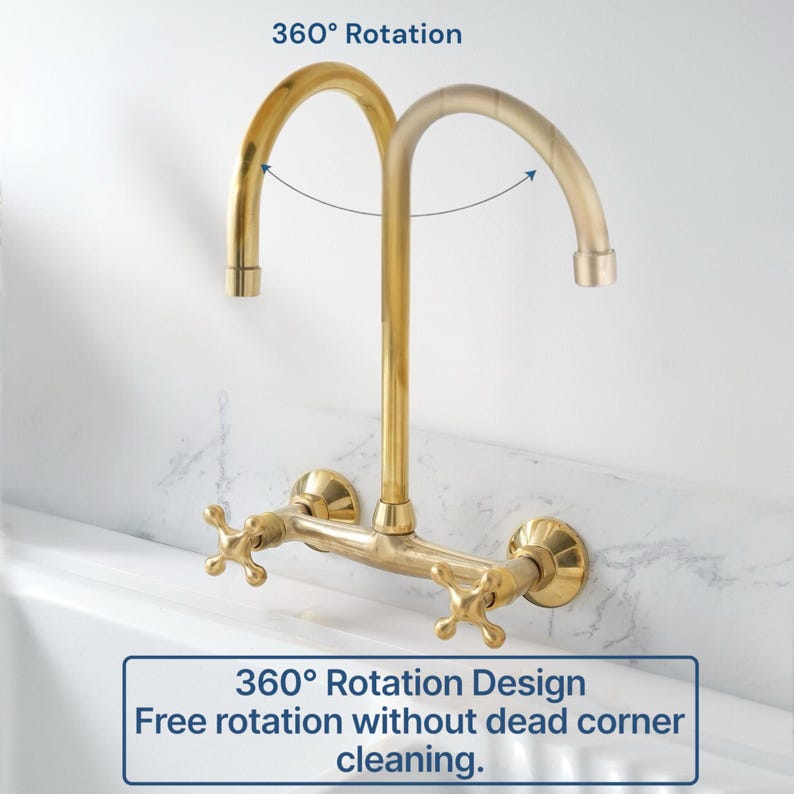 May include: A gold-toned wall-mounted tap with a high-arch swivel spout and two cross-style handles. The tap features a 360-degree rotation design for full range of motion. Text on the image reads 360 Rotation and 360 Rotation Design.