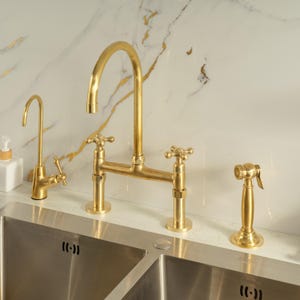 Unlacquered Brass Kitchen Faucet With Lever Handles, 8 inch Bridge Sink Faucet with Sprayer