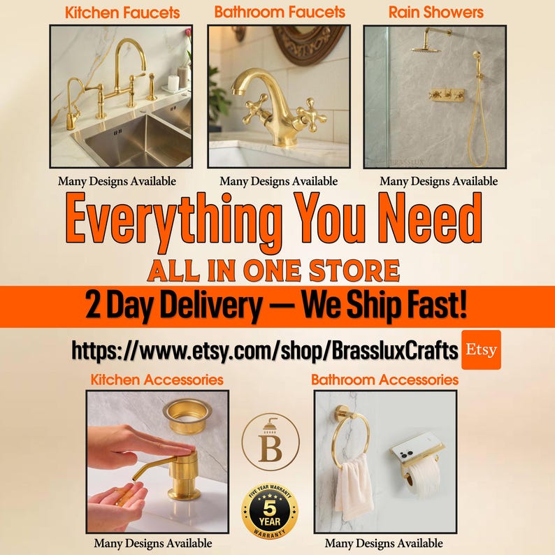 May include: A collection of gold-toned brass bathroom and kitchen fixtures including faucets, rain showers, soap dispensers, and towel rings. The image features the text Everything You Need ALL IN ONE STORE and a five-year warranty badge.