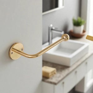 May include: A gold-colored, wall-mounted towel holder. The holder has a circular base with three screws, a curved arm, and a rounded end. The fixture is made of metal and is installed on a light gray wall. The bathroom fixture is in a modern style.