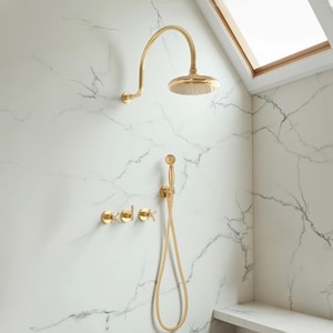 Unlacquered Brass Rain Shower Combo with Handheld & Tub Spout, Modern Luxury Shower System