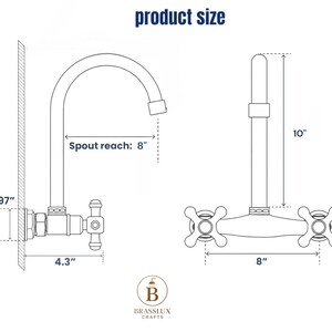 May include: A technical line drawing of a wall-mounted tap with two cross-style handles. The diagram displays dimensions in inches: a 10-inch total height, 8-inch spout reach, 8-inch handle width, 4.3-inch depth, and a 1.97-inch wall mount diameter.