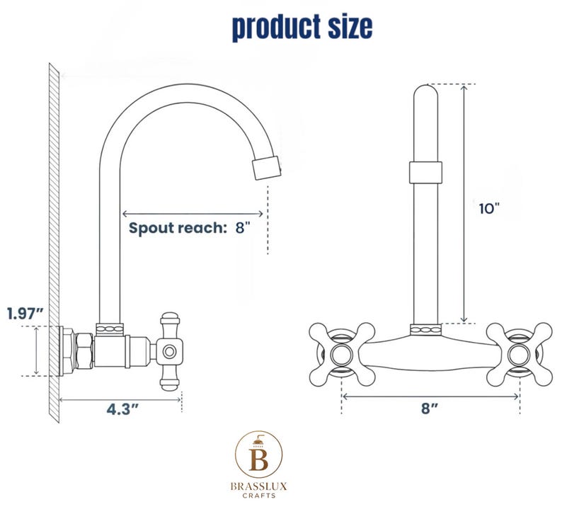 May include: A technical line drawing of a wall-mounted tap with two cross-style handles. The diagram displays dimensions in inches: a 10-inch total height, 8-inch spout reach, 8-inch handle width, 4.3-inch depth, and a 1.97-inch wall mount diameter.